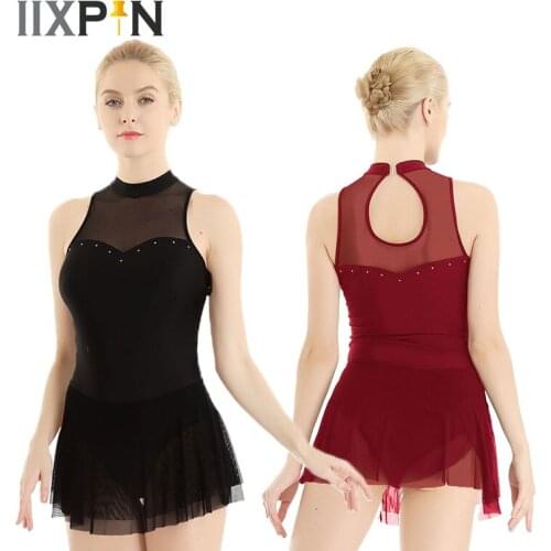 Gymnastics Dress For Women Ballet Leotard Dance Dress Mesh Splice Sleeveless High Neck Built-in Leotard Bodysuit ballerina dress