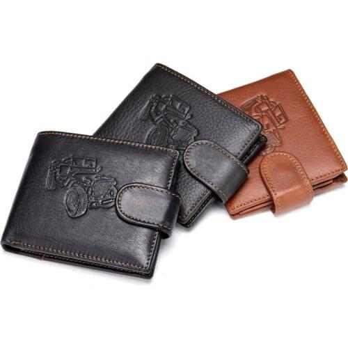 Car Print Genuine Leather RFID Vintage Wallet Men With Coin Pocket Short Wallets Small Zipper Walet With Card Holders Man Purse