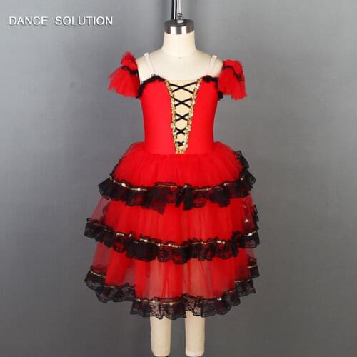 Red Spandex Bodice with 3 Layers Tulle Skirt Spanish Dancewear Romantic Tutu for Child & Adult Dancer Stage Solo Costume 19218