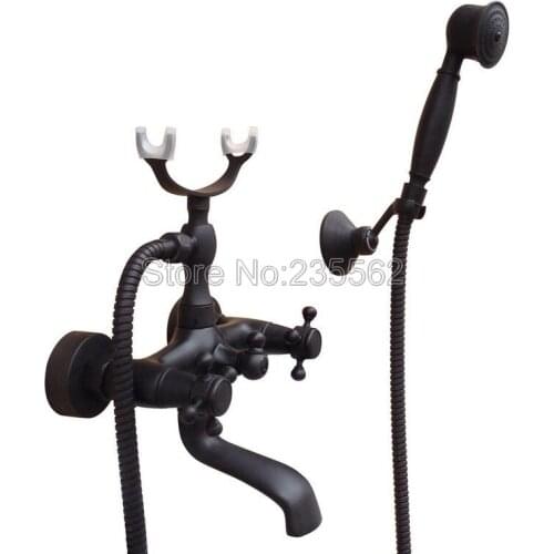 Bathroom Dual Cross Handle Black Oil Rubbed Brass Bathtub Faucet Wall Mounted Handheld Shower Mixer Taps ltf707