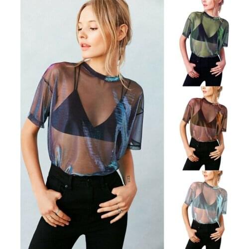 Summer Women Girls Short Sleeve Crew Neck Mesh See Through Loose Casual Bathing Beach Bikini Cover Ups Fashion Perspective Tops