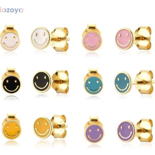 Lozoya 925 Sterling Silver Piercing Wedding Luxury Gold Colorful Enamel Happy Face Smiley Tiny Stud Earring Jewelry For Women