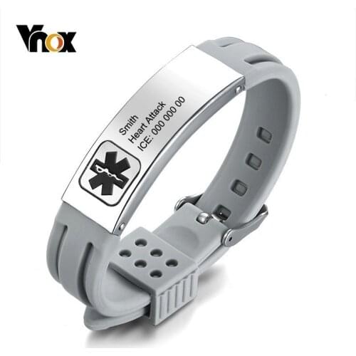 Vnox Free Engraving Medical Alert ID Bracelets for Women Men Personalized Stainless Steel Bar Adjustable Length Emergency Jewels