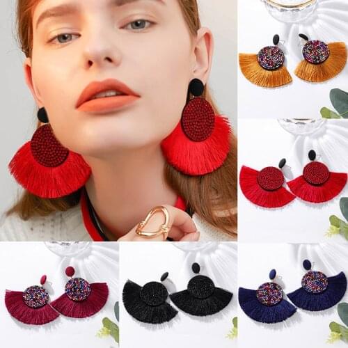 New Bohemian Tassel Statement Big Drop Earrings For Women Cotton Fabric Fringe Round Dangle Earrings 2020 Female Vintage Jewelry