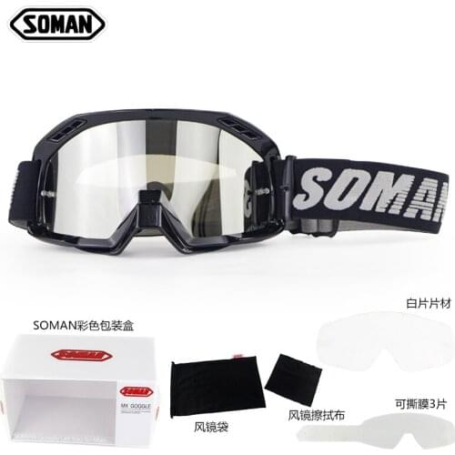 Soman motocross glasses with 3 tear off film&white lens motorcycle helmet goggles motor bike cycling gafas mx off road lunettes