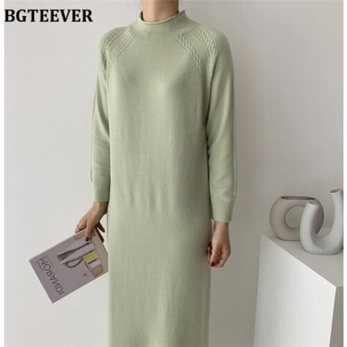 BGTEEVER Casual Half Turtleneck Ladies Knitted Dress 2021 Autumn Winter Women Dresses Full Sleeve Loose Sweater Vestidos Femme