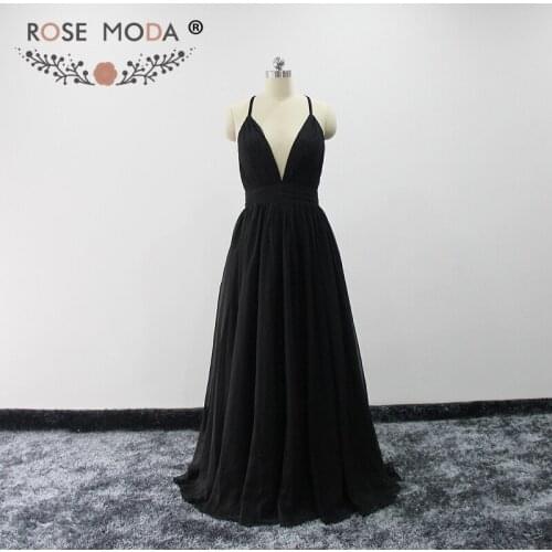 Rose Moda Sexy Deep V Neck Black Prom Dresses with High Slit Criss Cross Back Party Dresses Vestido de Formatura Real Photos
