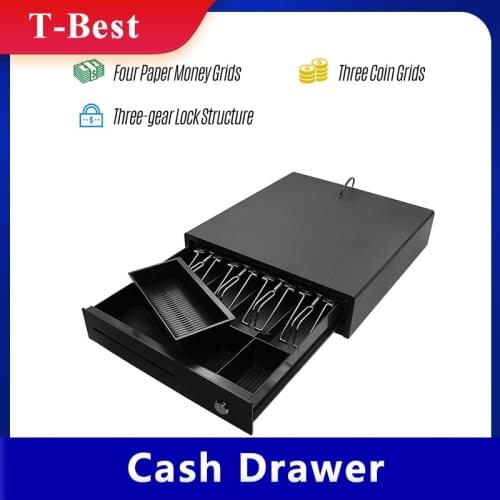 Heavy Duty Cash Drawer Four-Grid Three-Gear POS Cash Register Drawers Cashbox with Money Tray and Lock RJ11 Interface