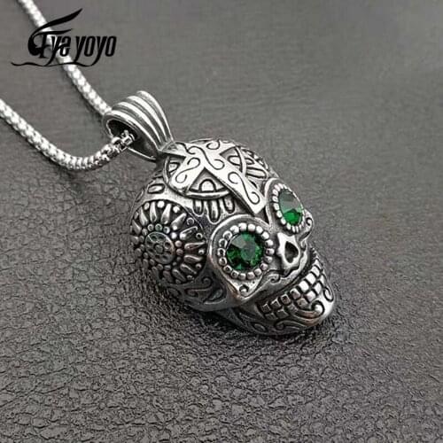 Vintage Green Eye Skull Pendant Necklace Silver Punk Biker Carved Cross Necklaces for Men hip-hop Rock Halloween Gift Jewelry