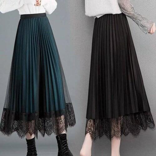 New Summer Lace Tulle Velvet Skirt Women Fashion 2020 Spring Elegant Long Skirt Black Female High Waist Pleated Maxi Skirt P380