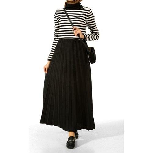 Women Black Pleated Pleated Long Skirt Twist Comfortable Casual Casual Quality Made in Turkey Offer Product ME000134