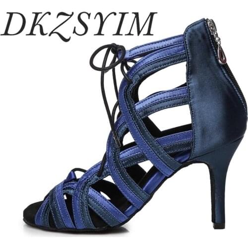 DKZSYIM Women Latin Dance Shoes Blue Adjustable Ballroom Tango Boots Girls Stain Hollow Out Paryt/Wedding High-Helled Shoes 6-10