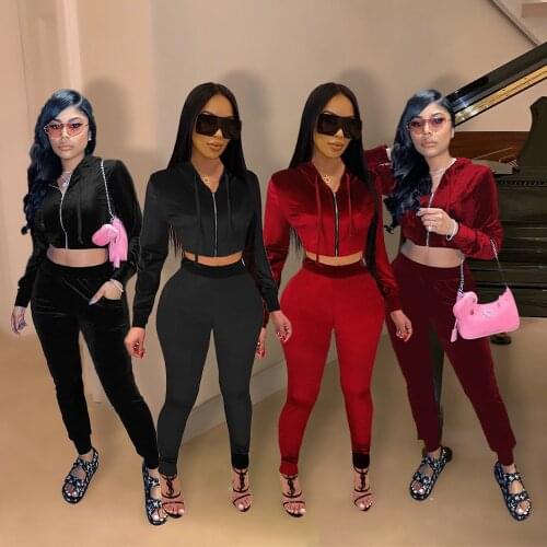 Women Autumn Winter Solid Velvet Tracksuit Women Sexy Zipper Long Sleeve Hooded Crop Top + Pants Slim Two Piece Set Outfits