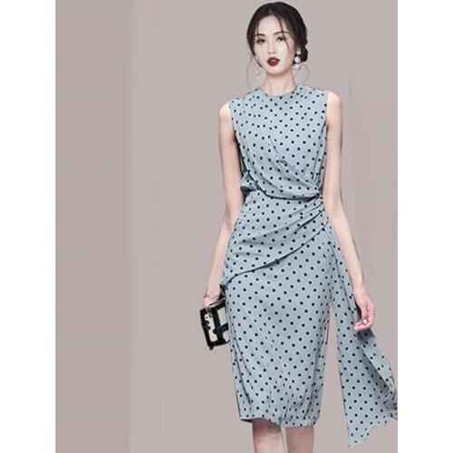 New Summer Elegant Womens Polka Dot Dress Irregular Sleeveless Bodycon Dresses Korean Clothes 2021 Female Office Work Vestidos