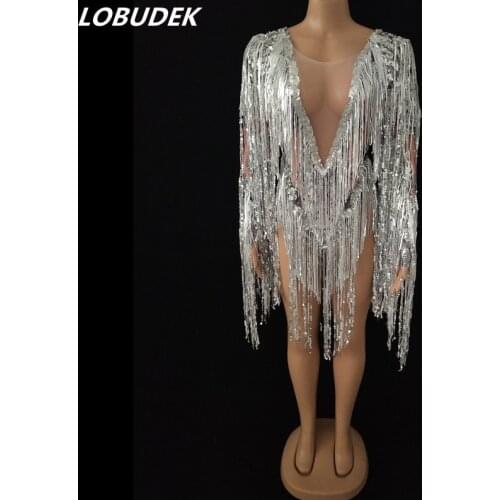 Nightclub Female Bodysuit Sequins Tassels Stretch Leotard Sexy Bar Singer Stage Costume Dancer DS Performance One Piece Tights