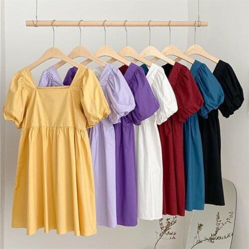 Women 2020 Summer Cotton Linen Square Neck Puff Sleeves Dress Plus Size Cute Party Dresses M-7XL Ginger Black Blue