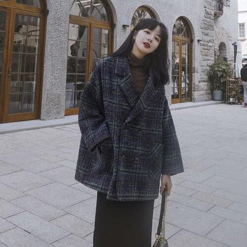 2021 Spring Woman Short Loose Woolen Coat New Double Breasted Plaid Suit Woolen Coat Autumn Casual Oversize Female Trench Coat