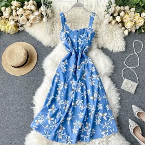 Women Vintage Floral Pinted Dress New 2020 Fahsion Summer Spaghetti Ruffles Beach Dress Ladies Elegant Blue Long Robe Vestidos