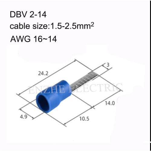 1000PCS Chip-shaped cold-pressed terminal DBV2-10/14/18 plug-in insulated blade terminal 16-14AWG 1.5-2.5MM2 27A COPPER DBV1.25