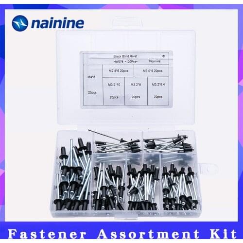 120Pcs/set M2.4 M3.0 M3.2 M4 Black Aluminium Blind Rivets Nail Decoration Pop Rivets For Furniture Assortment Kit HW078