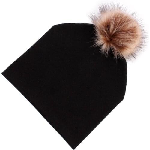 Baby Hat Artificial Fox Fur Baby Boy Cap Cotton Printing Pompom Bobble Hat For Girls Winter Children Hats Caps