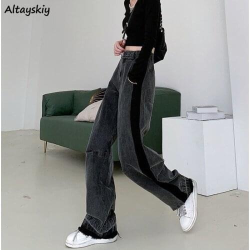 Panelled Jeans Women Loose Side-Stripe Retro Design Popular Boyfriend Fashion Teens Streetwear All-match Autumn Girls Trouser BF