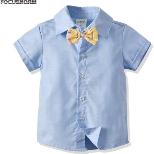 FOCUSNORM 0-7Y Kids Boys Shirts Tops Bowknot Tie Solid Short Sleeve Single Breasted Causal Gentleman Shirts Tops