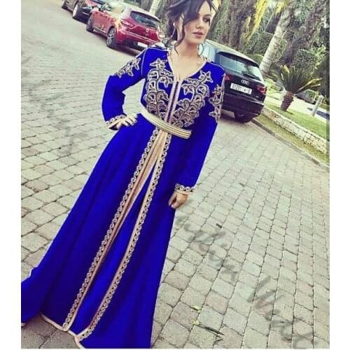 Vintage Muslim Morrocan Evening Dress With Gold Lace Caftan Dubai Prom Dresses 2020 Long Sleeve Formal Party Gowns 2020 Cheap