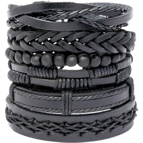 6 pcs/lot Handmade Ethnic Tribal Genuine Wrap Charming Wood Beads Male Pulsera Black Braided Leather Bracelets Bangles