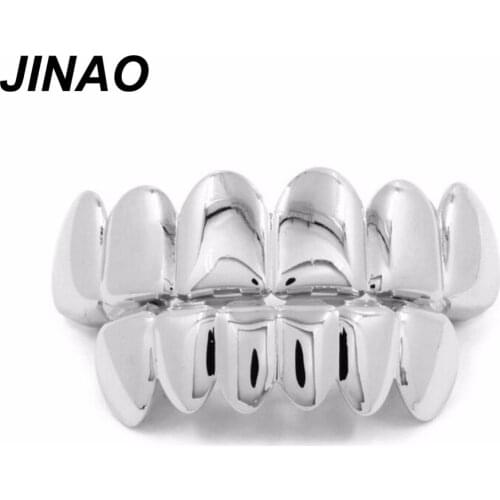 JINAO Silver-Plated Hip Hop Teeth For Mouth Grillz Caps Top&Bottom Grill Set vampire teeth for Halloween Christmas Party Sets