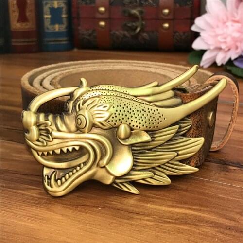 Brass Dragon Belt Buckles For Men Leather Belt Ceinture Homme Yellow Belt Cowboy Male Strap Wide Jeans Belts For Men MBT0525