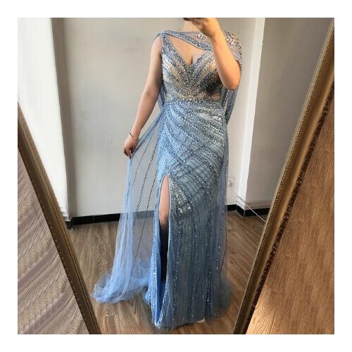 High End Luxury Sexy Heavy Beaded Long Dubai Tulle Evening Dresses Mermaid V-Neck Side Slit Dinner Formal Party Dress For Women
