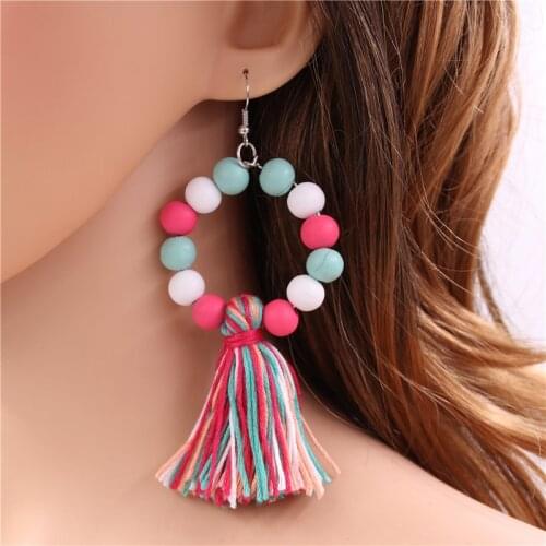 1Pair Bohemian Boho Style Wood Beads Tassel Hoop Earrings Women Ears Jewelry Party Gifts