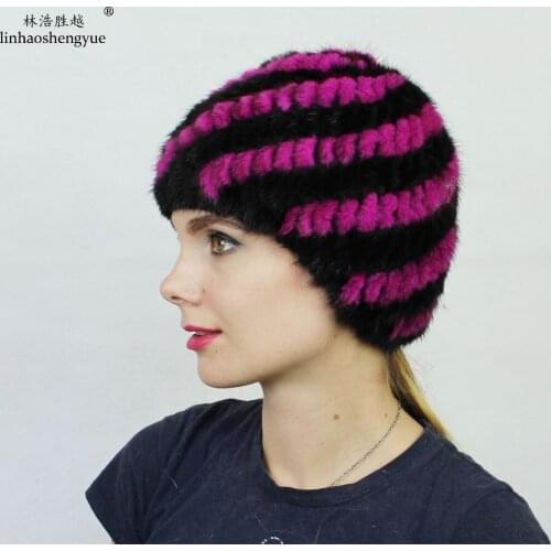 Linhaoshengyue Grey Black Red White Blue Green Brown Purple Woven Real Mink Fur Hats