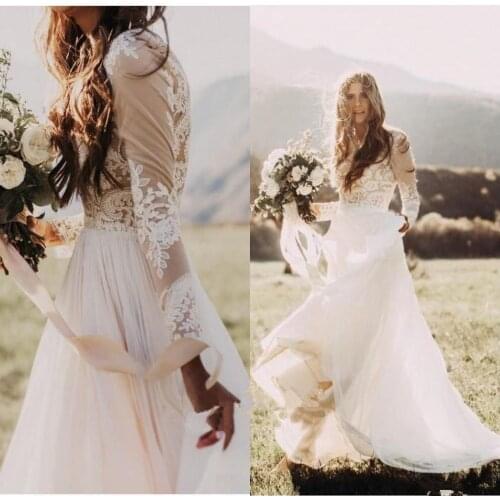 Long Sleeves Wedding Dress Beach 2021 Bridal Gown Chiffon Lace Appliques White Romantic wedding gown Vestido De Noiva