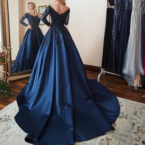 Navy Blue Long Sleeves Prom Dress V-neck Satin 2019 Hot Sale Women Formal Party Gowns A-line Appliques Vestido De Formatura