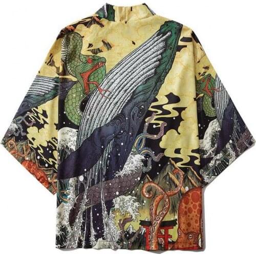 Traditional Yukata Print Kimono Male Novelty Casual Cardigan Shirt Kimono Cardigan Men Beach Thin Asian Clothes Japanese Kimono