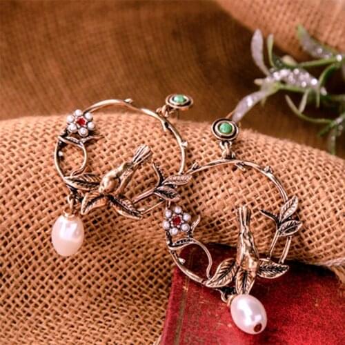 Vintage Gold Color Birds Flowers Acrylic Pearl Drop Earrings For Women Big Design Hyperbole Fashion Party Jewelry Accessories