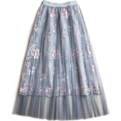 Womens Fashion Flower Embroidery Women Summer Mesh Skirts High Waist Boho A-Line Fairy Skirt