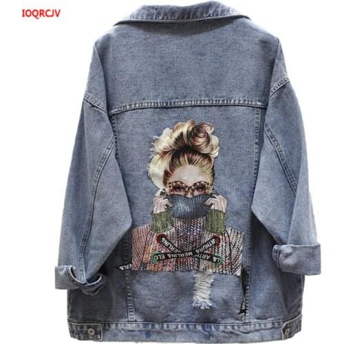 2020 BF Autumn Harajuku Printed Frayed Beading Denim Jacket Loose Casual Jeans Jacket Women Coats Outwear Female Jackets W1976