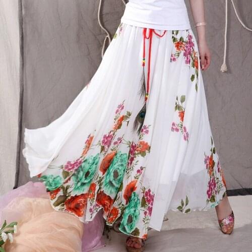 Bohemian Style Chiffon Print Skirt Elegant Ladies Casual Summer Skirt Saia Beach Woman Vintage Fashion Oriental Clothing 30934