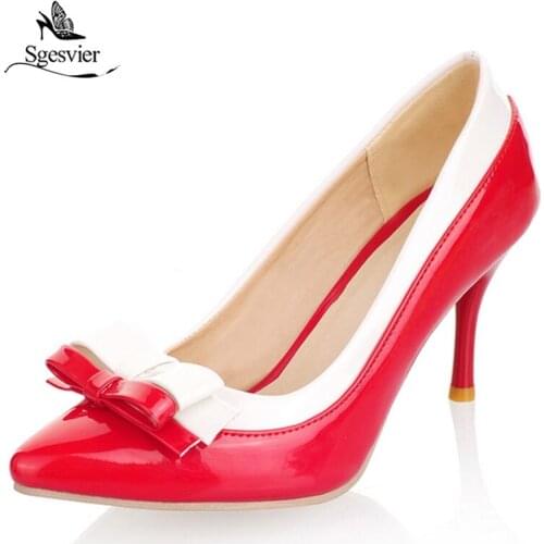Sgesvier size 30-45 new arrival 2018 women pumps fashion bowtie pu party shoes woman thin heels pointed toe slip-on lady shoes