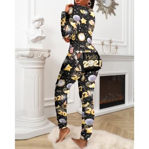 2021 New Year Womens Functional Buttoned Flap Gifts Printed Adults Pajamas Suit Homewear Femme Detachable Jumpsuits