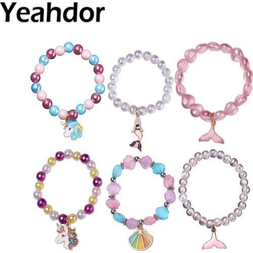 6Pcs Childrens Pearl Bracelet Kids Princess Girls Cute Cartoon Animal Bracelet Decor Beads Bracelets Birthday Party Jewelry Gift