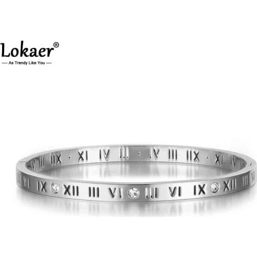 Lokaer New Roman Numerals Bangles Bracelets Jewelry Rose Gold/Gold/Silver Color Stainless Steel CZ Crystal Wedding Bangle B17050