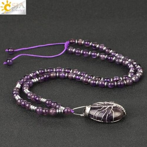CSJA Natural Stone Purple Crystal Long Necklace Water Drop Pendant Tree of Life Wire Wrap Beaded Necklaces 7 Chakra Jewelry S480