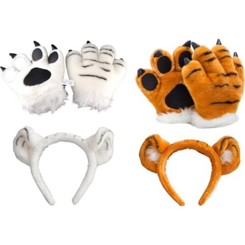 Adult Kids Plush Tiger Cosplay Costume Set Cute Ears Headband 3D Animal Paw Fluffy Gloves Stuffed Toys Party Supplies