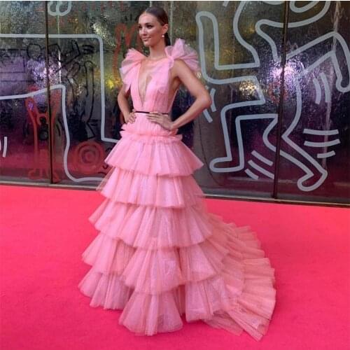 Formal Pink Ruffles Tiered Long Tulle Women Dresses To Event Party Draped Mesh A-line Prom Gowns Double V-Neck