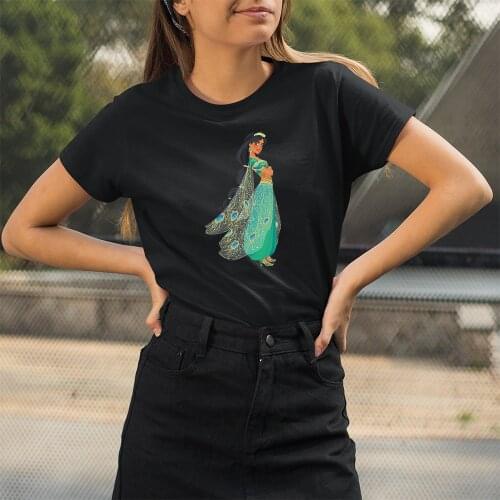 Summer Short-Sleeve Disney Princess Jasmine T-shirt Top Ladies Tshirts Round Neck Casual New Loose Black White T Shirts Printing