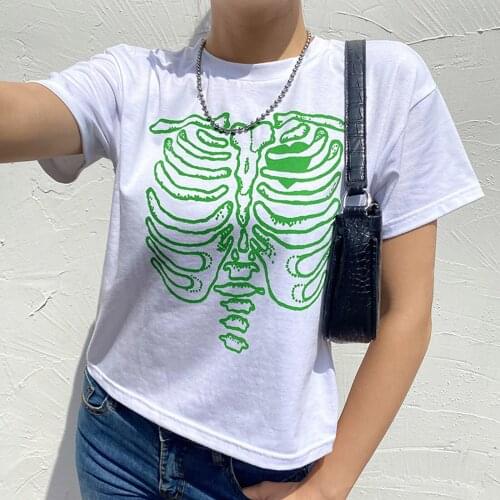 Stylish Skeleton Print T Shirt Summer Short Sleeve Round Neck Slim Casual Crop Tops Female Daily Wild Clothes for Streetwear